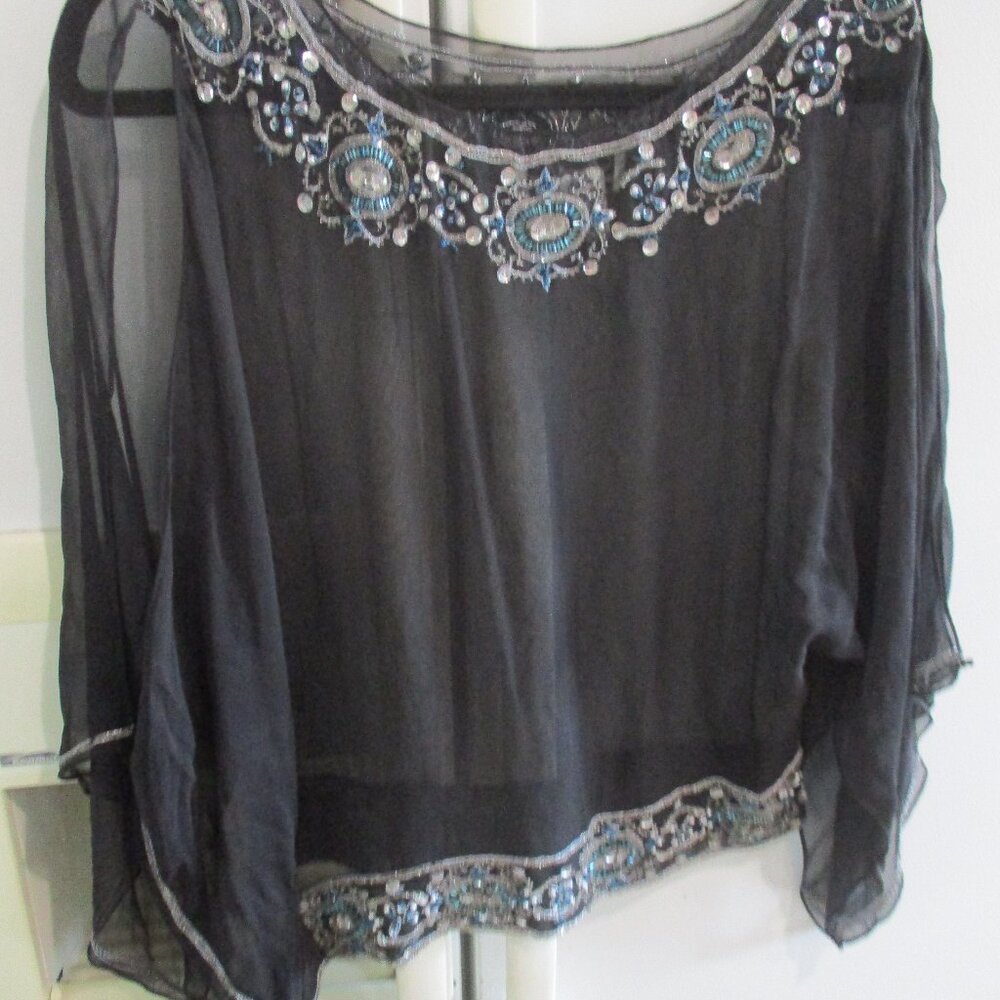 La Nuit vintage  Black Silk Beaded Sleeveless Top  topper 10 m